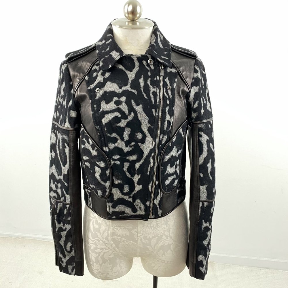 DVF Diane Von Furstenberg Jacket 6 S/M Moto Leather Wool Print Black Grey NWOT - Picture 9 of 15